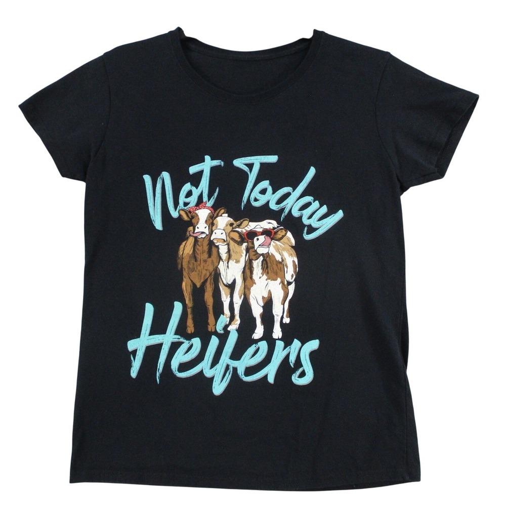 Not Today Heifers Graphic T-Shirt Black Short Sleeve Cow Print Tee S